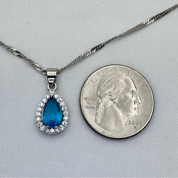 Bright Blue Diamond CZ Teardrop Halo Pendant Necklace Silver White CZ Glam - Picture 7 of 8